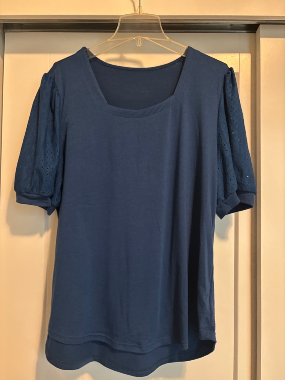 Women's Navy Puff-Sleeve Eyelet Tee